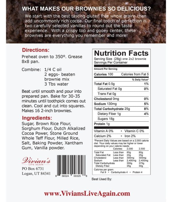 Package back of Vivian's Live Again Gluten-Free Fudge Brownies